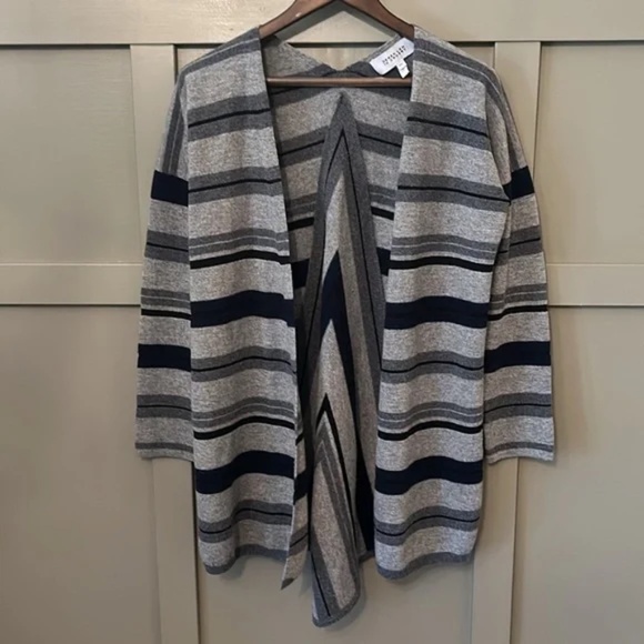 Derek Lam 10 Crosby Striped Wool Open Front Cardigan Sweater Gray Black Sz Large - Picture 5 of 11